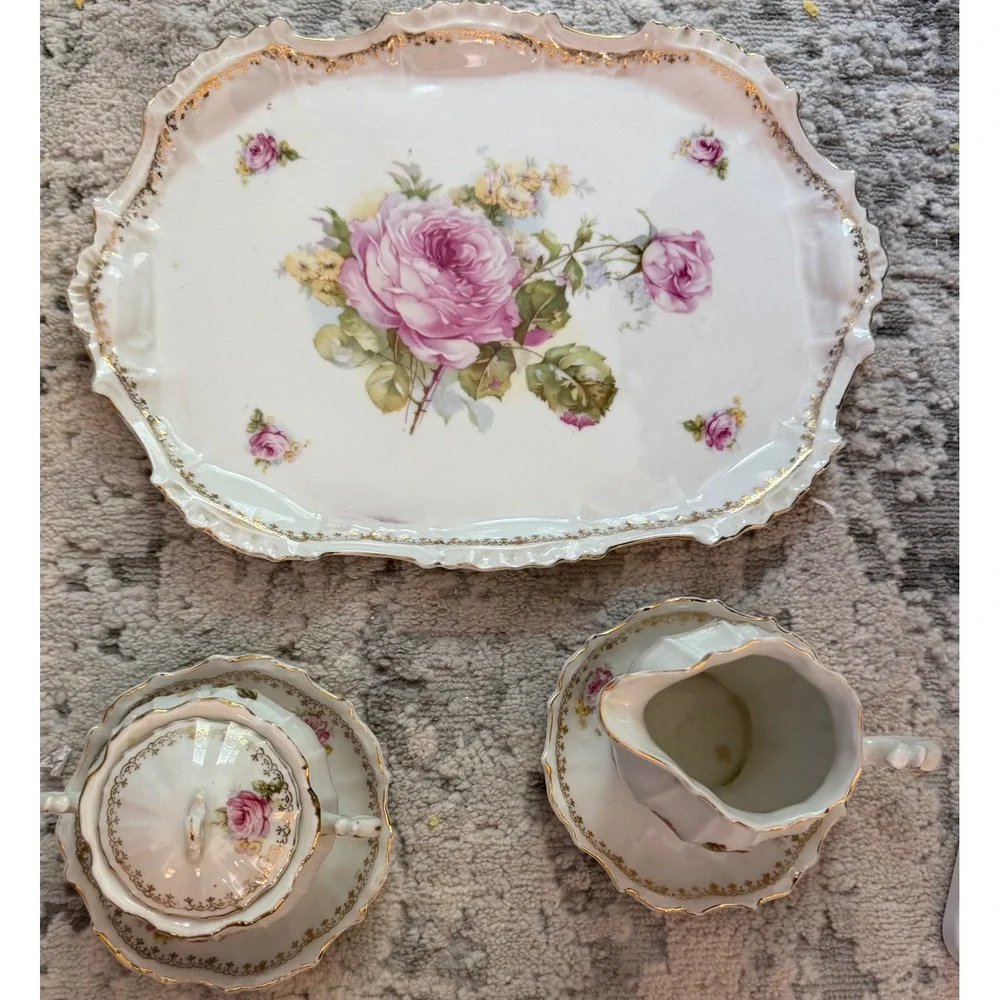 Vintage Porcelain Rose Tea Set Gold Gilded Tray Sugar Bowl Creamer 6 Piece